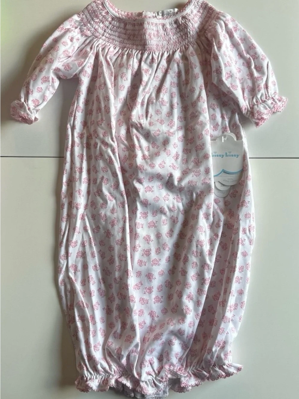 Kissy Kissy Pink Floral Pima Cotton Smocked Gown Small 0-3m